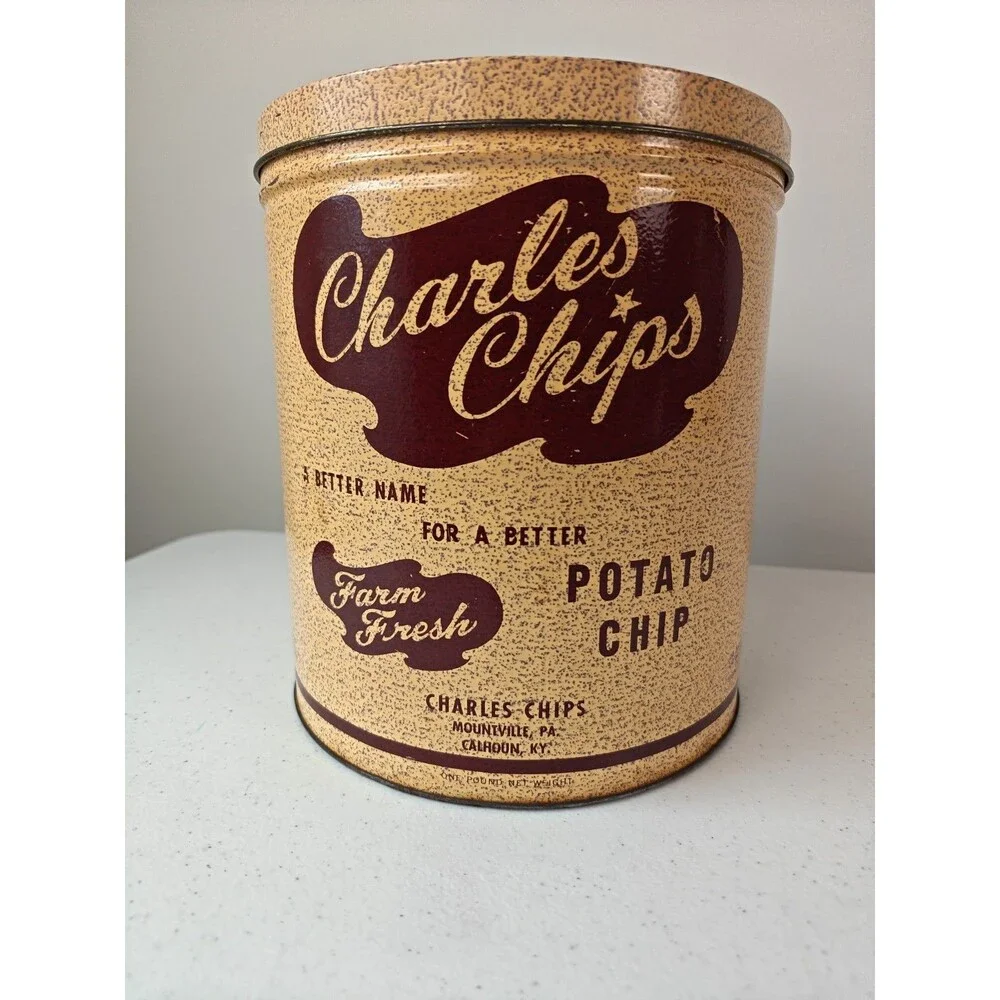 Vintage Charles Chips Potato Chip 1 LB Tin Can With Lid And Dual Location Text